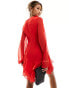 Фото #4 товара In The Style chiffon frill detail mini dress with tie sleeves in red