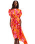 AX Paris satin puff sleeve drape detail midi dress in orange and pink floral