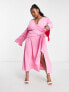 Pretty Lavish Curve knot front plunge midaxi dress in pink