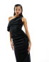 Фото #4 товара ASOS DESIGN velvet fallen shoulder pleat back midi dress in black