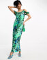 Фото #4 товара River Island cowl neck drape sleeve satin midi dress in green animal print