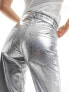 Фото #5 товара Bershka cracked faux leather straight leg trousers in gunmetal silver