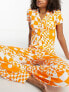 Фото #4 товара ASOS DESIGN Tall exclusive viscose floral checkerboard shirt & trouser pyjama set in orange