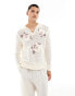 ASOS DESIGN knitted crochet notch neck polo in ecru with floral embroidery