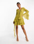 Фото #4 товара ASOS DESIGN tufted dobby chiffon mini dress with ruffles and tie neck detail in olive