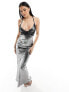 Фото #10 товара ASOS DESIGN slinky metallic maxi cami dress with lace insert in black