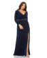 Plus Size Beaded Belt Jersey Faux Wrap Long Sleeve Gown