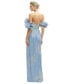 Womens Dramatic Ruffle Edge Convertible Strap Metallic Pleated Maxi Dress with Floral Gold Foil Print