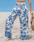 Фото #2 товара Women's Blue & White Floral Smocked Waist Straight Leg Pants