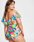 Фото #2 товара Swim Solutions Plus Size Tummy Control Off-The-Shoulder Ruffled Swimsuit, 20W