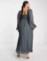 Фото #2 товара ASOS DESIGN Curve embroidered bust pleated midi dress with long sleeve in dark grey