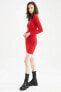Фото #6 товара Wrap Yaka Kırmızı Uzun Kollu Mini Elbise