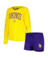 Фото #1 товара Пижама Concepts Sport женская фиолетовая с золотом, Набор пижамы с длинным рукавом Raglan и шортами для отдыха Minnesota Vikings