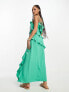 New Look side split satin ruffle midi dress in green