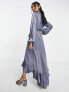 Фото #3 товара Вечернее платье Flounce London из антрацитного атласа с длинными рукавами и деталями на запах