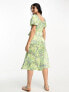 Фото #3 товара New Look square neck ruched front puff sleeve midi dress in green floral