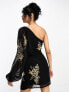 Фото #2 товара ASOS DESIGN one shoulder chiffon mini dress in black with marigold floral artwork