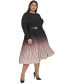 Plus Size Ombré Belted Pleated-Skirt Long-Sleeve Dress