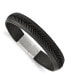 Фото #1 товара Stainless Steel Textured Black Italian Leather Bracelet