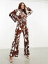 Фото #1 товара ASOS DESIGN plisse collared wide leg jumpsuit with tie waist in brown geo print