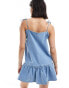 Bershka denim strappy tiered hem mini dress in blue