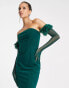Фото #8 товара Rare London bandeau corset midi bodycon dress with faux feather gloves in green