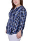 Фото #3 товара Plus Size Long Sleeve Roll Tab Sleeve Plaid Y-Neck Top