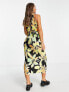 ASOS DESIGN plisse sleeveless high neck midi dress with belt in black and lime floral