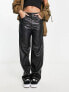 Фото #4 товара Only high waisted faux leather contrast stitch dad trousers in black