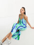 Фото #3 товара JDY exclusive ruched satin midi dress in blue & green watercolour