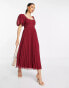 Фото #8 товара ASOS DESIGN Petite puff sleeve pleated dobby midi dress with scallop trim in burgundy