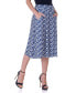 Navy Print Elastic Waist Pleated Knee Length Pocket Skirt