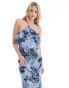 ASOS DESIGN Tall ruffle halter bias maxi dress with ruffle hem in blue animal print