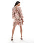 YAS pleated ruched full sleeve mini dress with low v beck in pink floral - MULTI