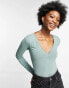 Фото #1 товара ASOS DESIGN v neck lace trim long sleeve bodysuit in sage