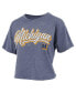 ფოტო #1 პროდუქტის Women's Navy Distressed Michigan Wolverines Team Script Harlow Vintage-Like Waist Length T-shirt