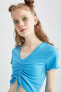 Фото #8 товара Женская блузка defacto Coool Fitted V-образный вырез с каракулем и коротким рукавом X9988az22sm