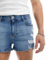 ASOS DESIGN super short length skinny denim shorts with rips in mid wash blue