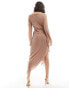 Фото #4 товара ASOS DESIGN slash neck chiffon asymmetric midi dress with liquid gold belt detail in mink