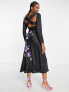 Фото #2 товара ASOS DESIGN embroidered satin long sleeve midi dress in black