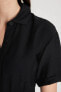Gömlek Yaka Keten Görünümlü Kuşaklı Kısa Kollu Midi Elbise U6943AZ24SM