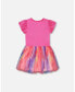 Girl Bi-Material Shiny Rib And Mesh Dress Fuchsia With Printed Rainbow Heart - Toddler Child