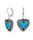 Boho Bali Style Scroll Filigree Blue Turquoise Gemstone Heart Shaped Dangling Earrings For Women Oxidized .925 Sterling Silver Lever back