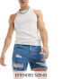 Фото #1 товара ASOS DESIGN short length denim shorts with rips in mid wash blue