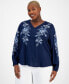 Фото #1 товара Plus Size Embroidered V-Neck Blouson-Sleeve Top, Created for Macy's