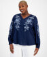 ფოტო #1 პროდუქტის Plus Size Embroidered V-Neck Blouson-Sleeve Top, Created for Macy's