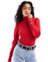 River Island roll neck ribbed top with button sleeve detail in red