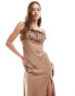 ASOS DESIGN contrast frill bodice satin maxi dress with thigh split in mocha