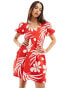 Фото #2 товара Wednesday's Girl tropical floral print puff sleeve mini smock dress in red