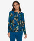 ფოტო #1 პროდუქტის Petite Printed Pleat-Neck Long-Sleeve Top